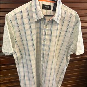 Men’s White Short-Sleeve Plaid Button-Down Shirt with Blue & Green Stripes